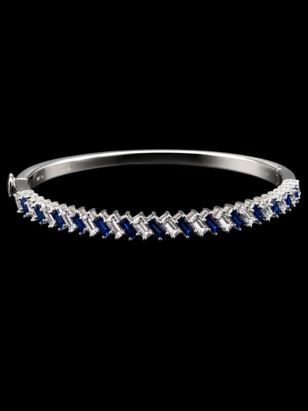 Vintage Sterling Silver, Sapphire, Cubic Zirconia Hinged Bangle Bracelet Designe